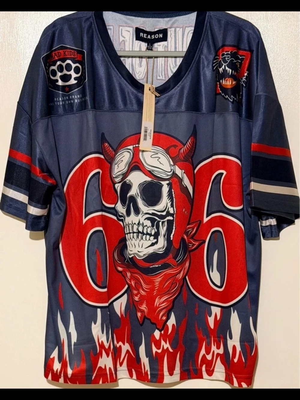 Reason Gray & Red Skull Bat Outa Hell 66 Graphic Jersey